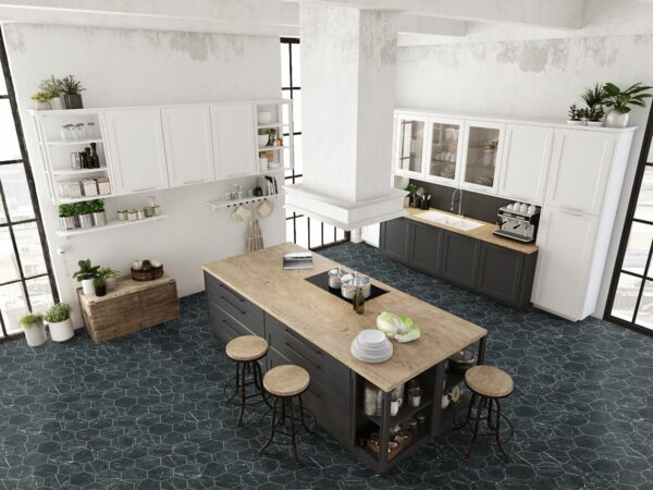 carrelage Marquina hexagone 22x25 cm marbre noir sol cuisine