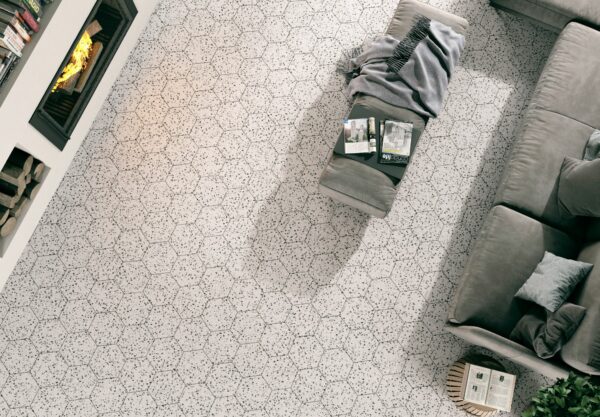 carrelage Venice blanc hexagonal 22x25 cm sol salon